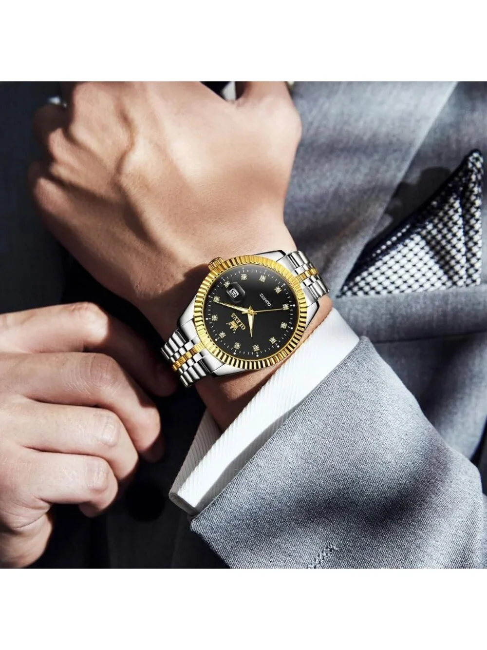 Olevs Mens Silver Gold Luxury Black Dimond Dot Face Analog Quartz Luminous Watch